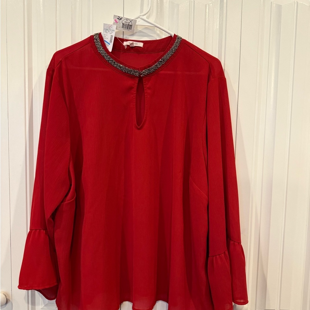 Women's Maurices Red Beaded-Neck Keyhole Blouse size 2 NWT